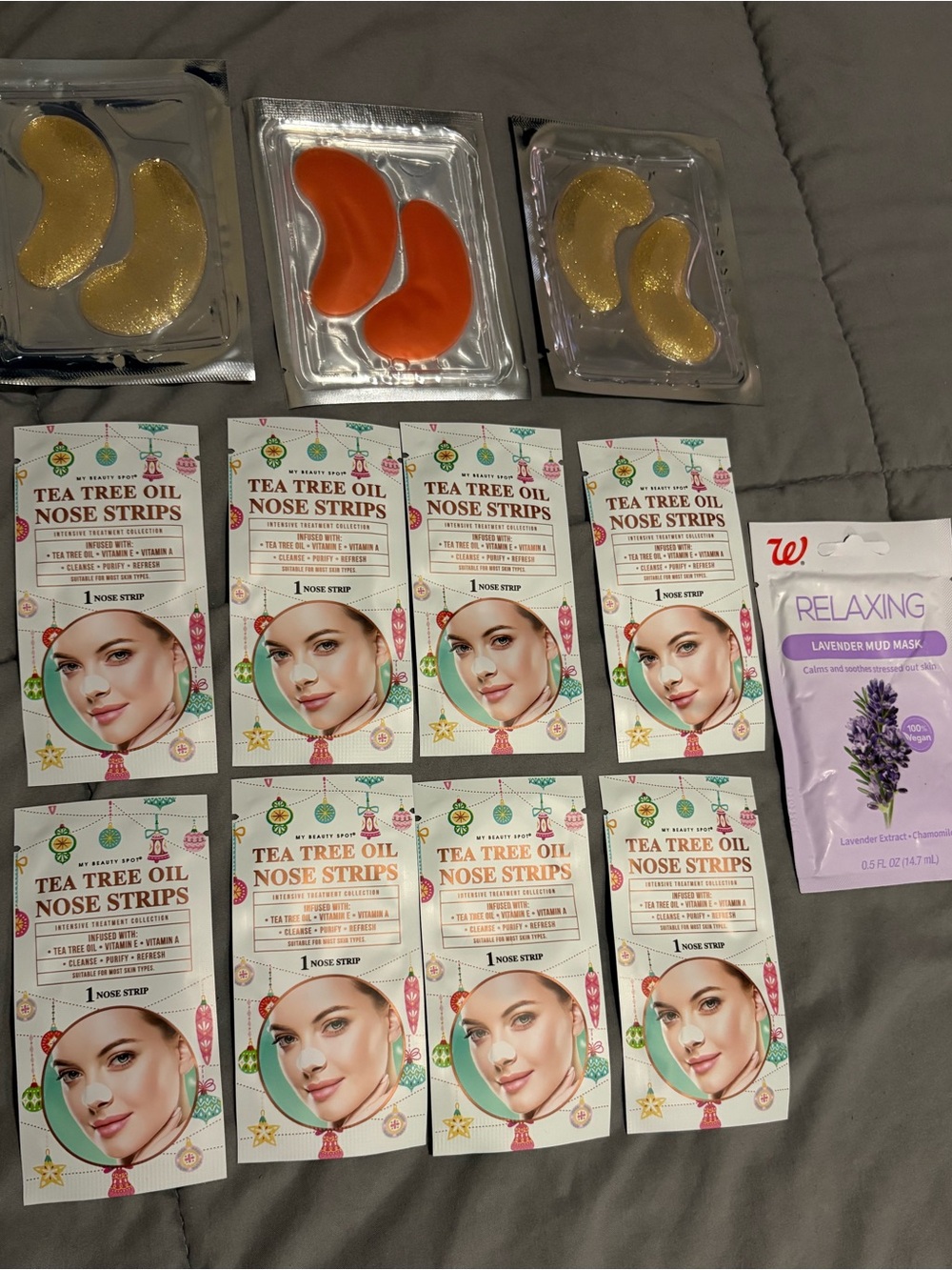 Tea Tree Oil Nose Strips + Gold & Orange Eye Masks, lavender mud mask